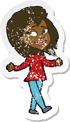 retro distressed sticker of a stress free woman cartoon
