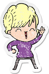 distressed sticker of a cartoon laughing woman