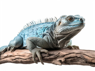 Fototapeta premium Studio portrait of a blue iguana on a tree branch. isolated on white background. ai generative