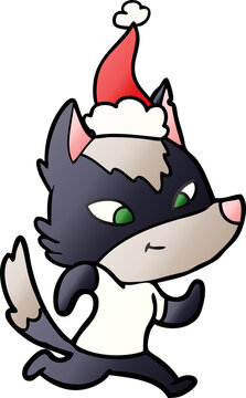 friendly gradient cartoon of a wolf wearing santa hat
