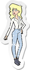 retro distressed sticker of a cartoon pretty woman