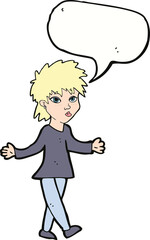 cartoon woman shrugging shoulders with speech bubble