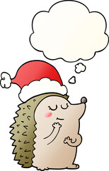 cartoon hedgehog wearing christmas hat and thought bubble in smooth gradient style