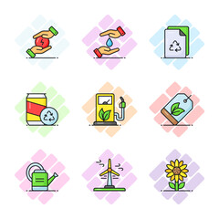 World mother earth day related icons set such as, save energy, save water, recycle paper, recycle, biofuel, eco tag, watering can, wind turbine, sunflower