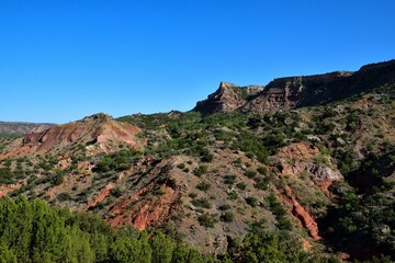 Landscape of Palo Duro Canyon State Park with lush green vegetation and rock formations in Texas