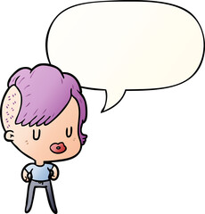 cartoon girl and punk hipster haircut and speech bubble in smooth gradient style
