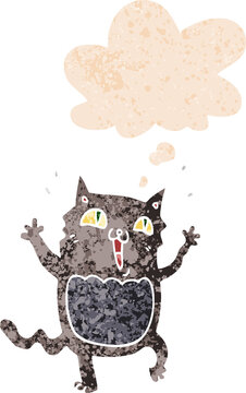 cartoon crazy excited cat and thought bubble in retro textured style