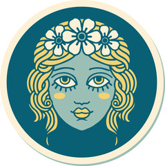tattoo style sticker of female face with crown of flowers