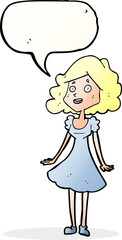 cartoon happy woman in dress with speech bubble