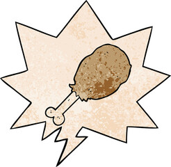 cartoon chicken leg and speech bubble in retro texture style