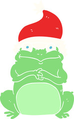 flat color illustration of a cartoon frog wearing christmas hat