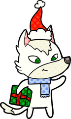 friendly comic book style illustration of a christmas wolf wearing santa hat