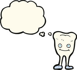 cartoon happy tooth with thought bubble