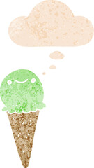 cartoon ice cream and thought bubble in retro textured style