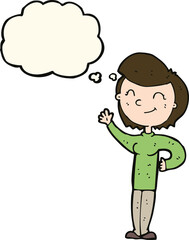 cartoon friendly waving woman with thought bubble