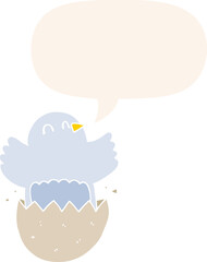 cartoon hatching chicken and speech bubble in retro style
