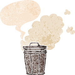 cartoon stinky garbage can and speech bubble in retro textured style