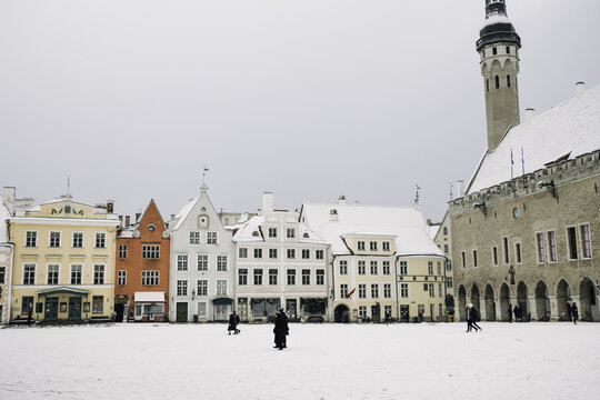Snowy day in the town hall square in Tallinn, Estonia.