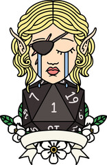 crying elf rogue character with natural one D20 roll illustration