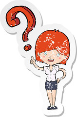 retro distressed sticker of a cartoon woman asking question