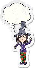 cartoon witch and thought bubble as a distressed worn sticker