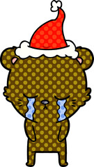 crying comic book style illustration of a bear wearing santa hat