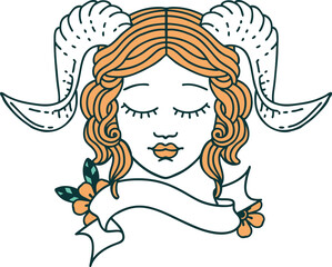 tiefling character face with scroll banner illustration