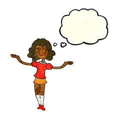 cartoon woman taking praise with thought bubble