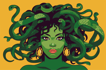 Medusa face with green snakes as hair on yellow background