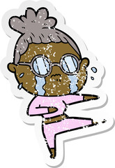 distressed sticker of a cartoon crying woman wearing spectacles