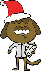line drawing of a bored dog in office clothes wearing santa hat
