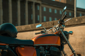 Classic motorcycle, orange cafe racer motorbike fuel tank, vehicle parts, vintage timeless chrome...