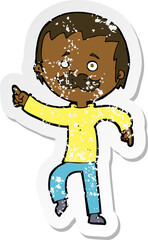 retro distressed sticker of a cartoon man with mustache pointing
