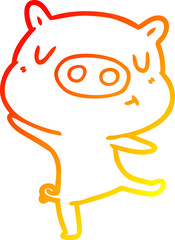 warm gradient line drawing cartoon pig dancing