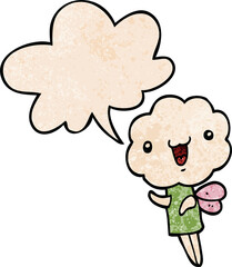 cute cartoon cloud head creature and speech bubble in retro texture style