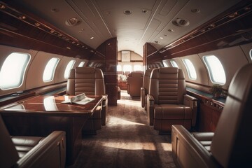 Fototapeta premium Airplane interior with lether seats and wood. Luxury style first-class jet generative ai