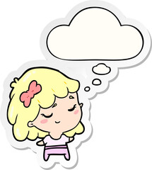 cartoon happy girl and thought bubble as a printed sticker