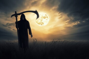 "The Grim Reaper Stands Alone with His Scythe, a Dramatic Scene in the Field, Generative AI