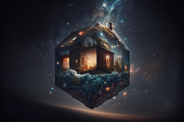 a house floating through deep space, sitting amongst the stars, Generative AI