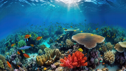 Fototapeta na wymiar Underwater coral reef landscape super wide banner background in deep blue ocean. Illustration AI Generative