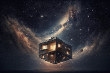 a house floating through deep space, sitting amongst the stars, Generative AI