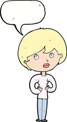 cartoon woman making Who Me? gesture with speech bubble