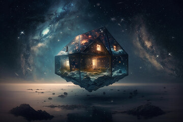 a house floating through deep space, sitting amongst the stars, Generative AI