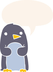 cartoon penguin and speech bubble in retro style