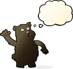 cartoon waving black bear with thought bubble