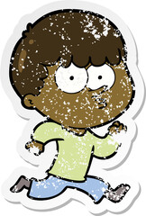 distressed sticker of a cartoon curious boy running