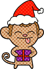funny comic book style illustration of a monkey with christmas present wearing santa hat