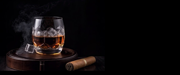 A  glass of whiskey with ice and a cigar on a black background, the concept of men's club, life, pleasure. Generative AI.