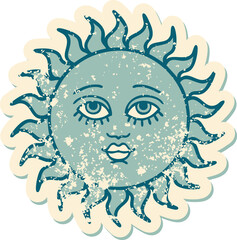 distressed sticker tattoo style icon of a sun with face