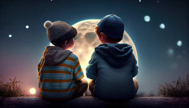small boy and girl sitting together in night, fantasy moon background